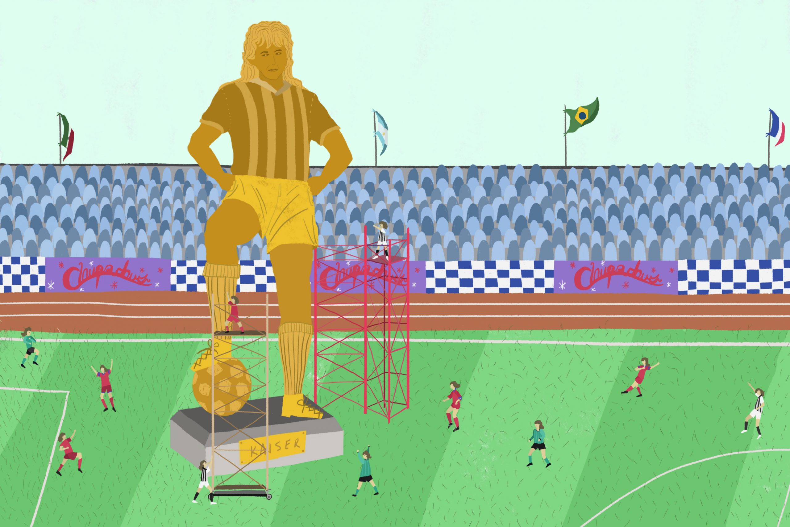 Estatua de Kaiser en una cancha de fútbol ilustrando el episodio "Kaiser Fútbol Club" de Radio Ambulante
