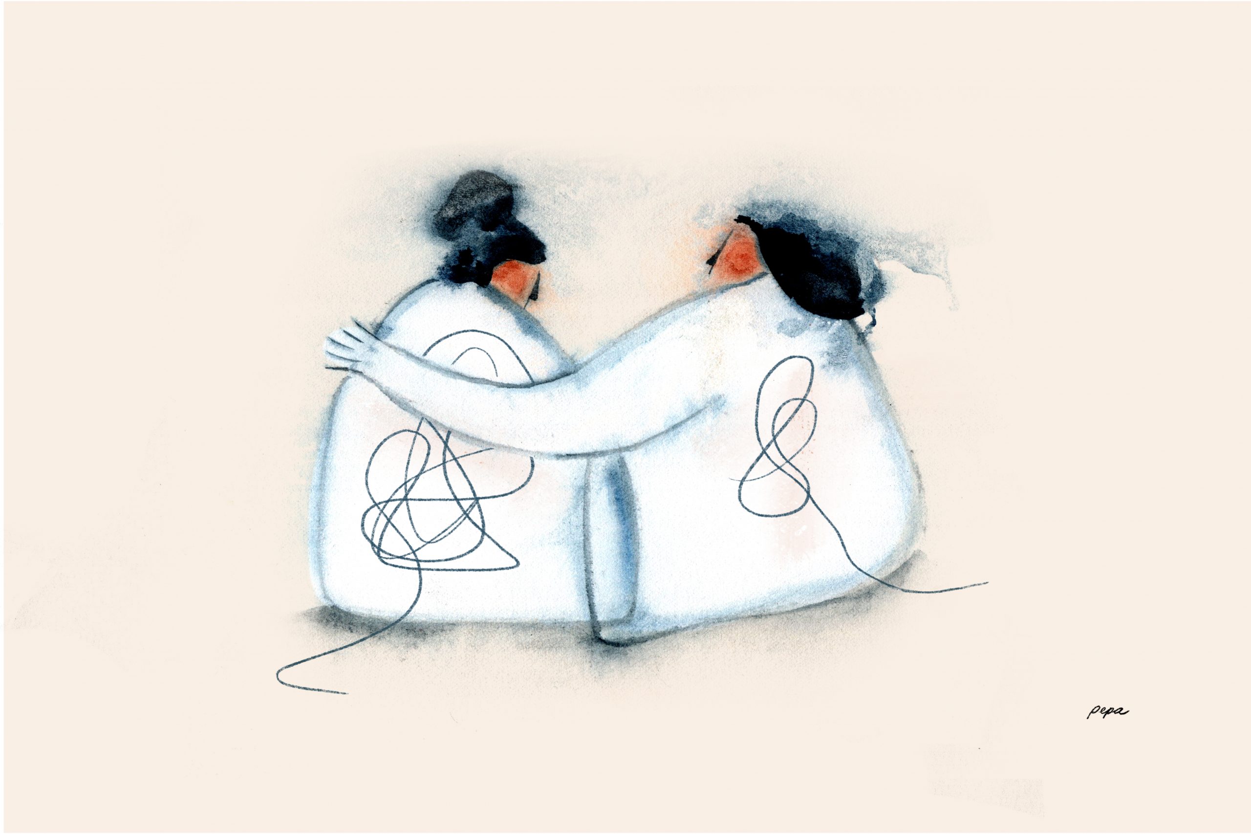 Madre e hija abrazadas. Ilustración del episodio "Una carta para mamá" de Radio Ambulante